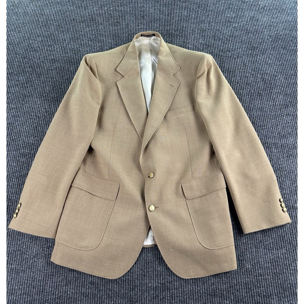 Vintage Stafford Blazer 44 L Beige Wool Premium Hopsack Crest Golden Button Logo